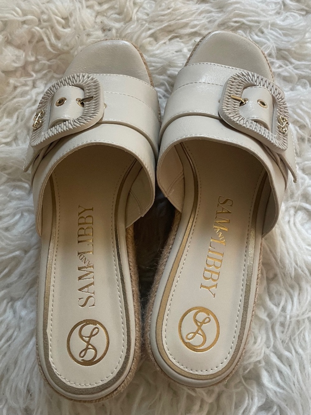 Sam and Libby Crysta Wedge Sandals Womens‎ 8 Ivory Platform Espadrille Buckle